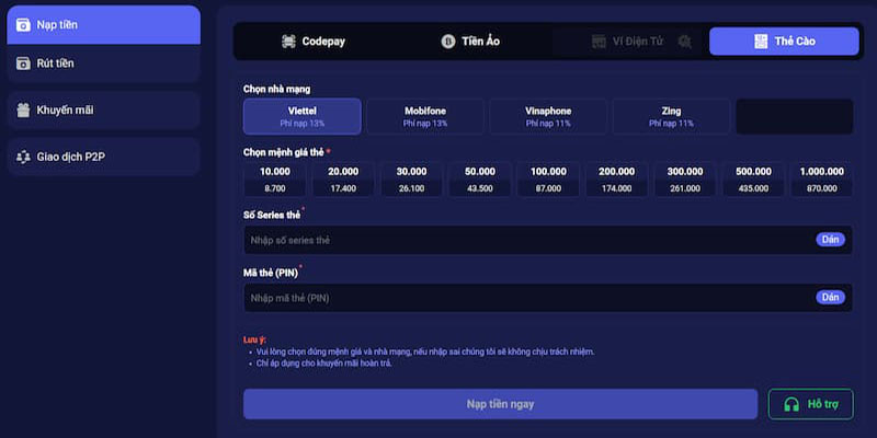 Gửi vốn vào Tin88 bằng thẻ cào tính chiết khấu