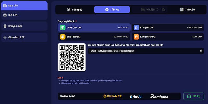 Nạp vốn cược Tin88 bằng 4 loại tiền ảo